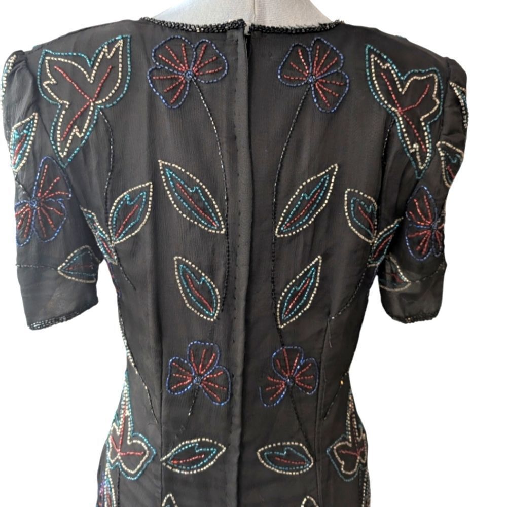 Women's vintage black silk floral leaf beaded jeweled formal dress size medium